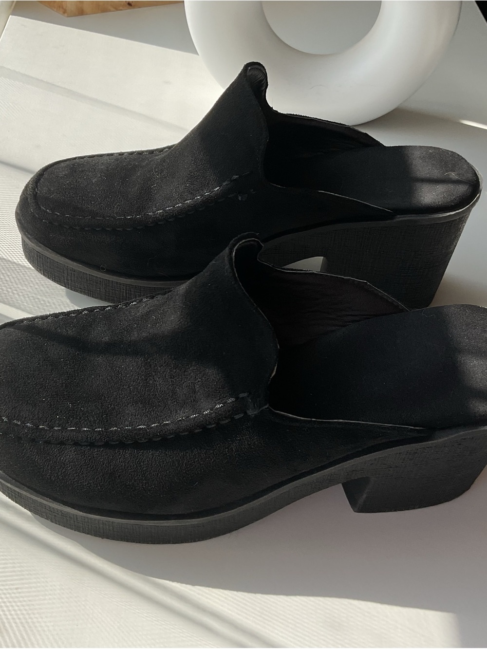 Black Suede Mule Heels - Women